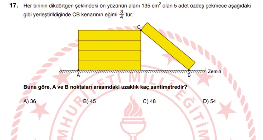 2024 LGS Matematik Soru 17 – Eğim Problemiyle Dik Üçgen ve Alan İlişkisi | Görsel Yorumlama ve Denklem Kurma