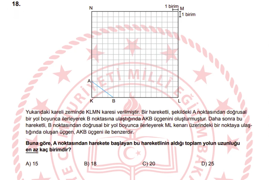 2024 LGS Matematik Soru 18 – Üçgen Benzerliğiyle Doğrusal Yolda En Kısa Mesafe Problemi | LGS Görsel Mantık Soru Çözümü