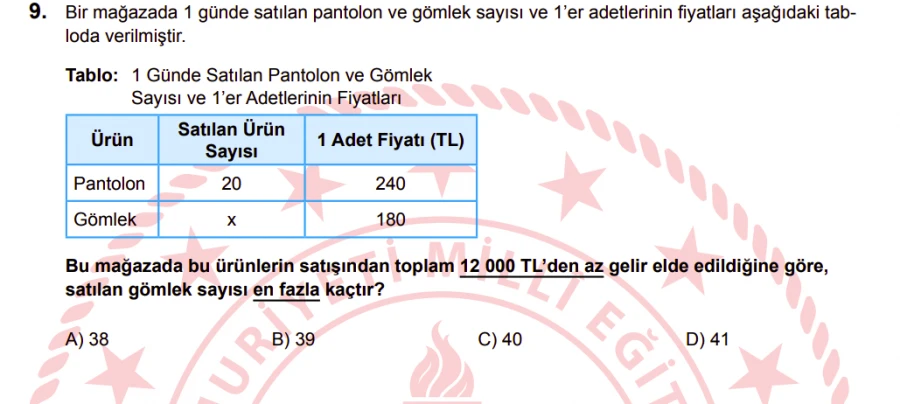 2024 LGS Matematik Soru 9 – Eşitsizlikle Problem Çözme ve Maksimum Değer | Bakırköy LGS Özel Ders Denklemle Karar Verme