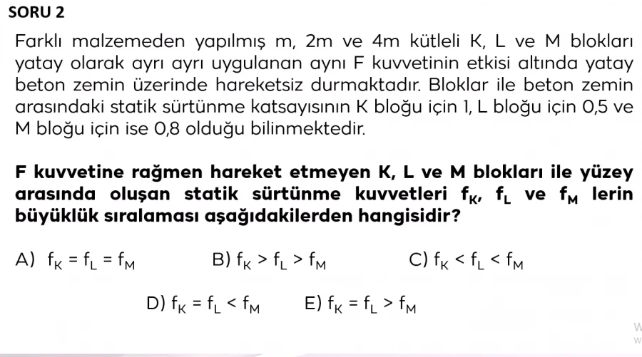 2024 TYT Fizik Soru 2 – Statik Sürtünme Kuvveti Yorumlama Sorusu | Bakırköy Eğitim Koçluğu Fizik Çözümü