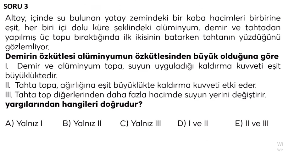 2024 TYT Fizik Soru 3 – Kaldırma Kuvveti ve Yoğunluk Analizi | Bakırköy TYT Fizik Özel Ders Yorumu