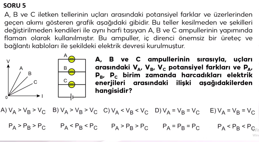 2024 TYT Fizik Soru 5 – Elektriksel Güç Sıralaması ve Direnç Grafiği | Bakırköy Fizik Özel Ders Anlatımı