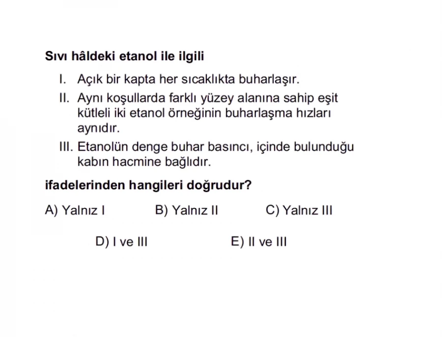 2024 TYT Kimya Soru 4 – Buharlaşma, Yüzey Etkisi ve Denge Buhar Basıncı Analizi | Bakırköy Özel Ders ile TYT Kimya Kavrama